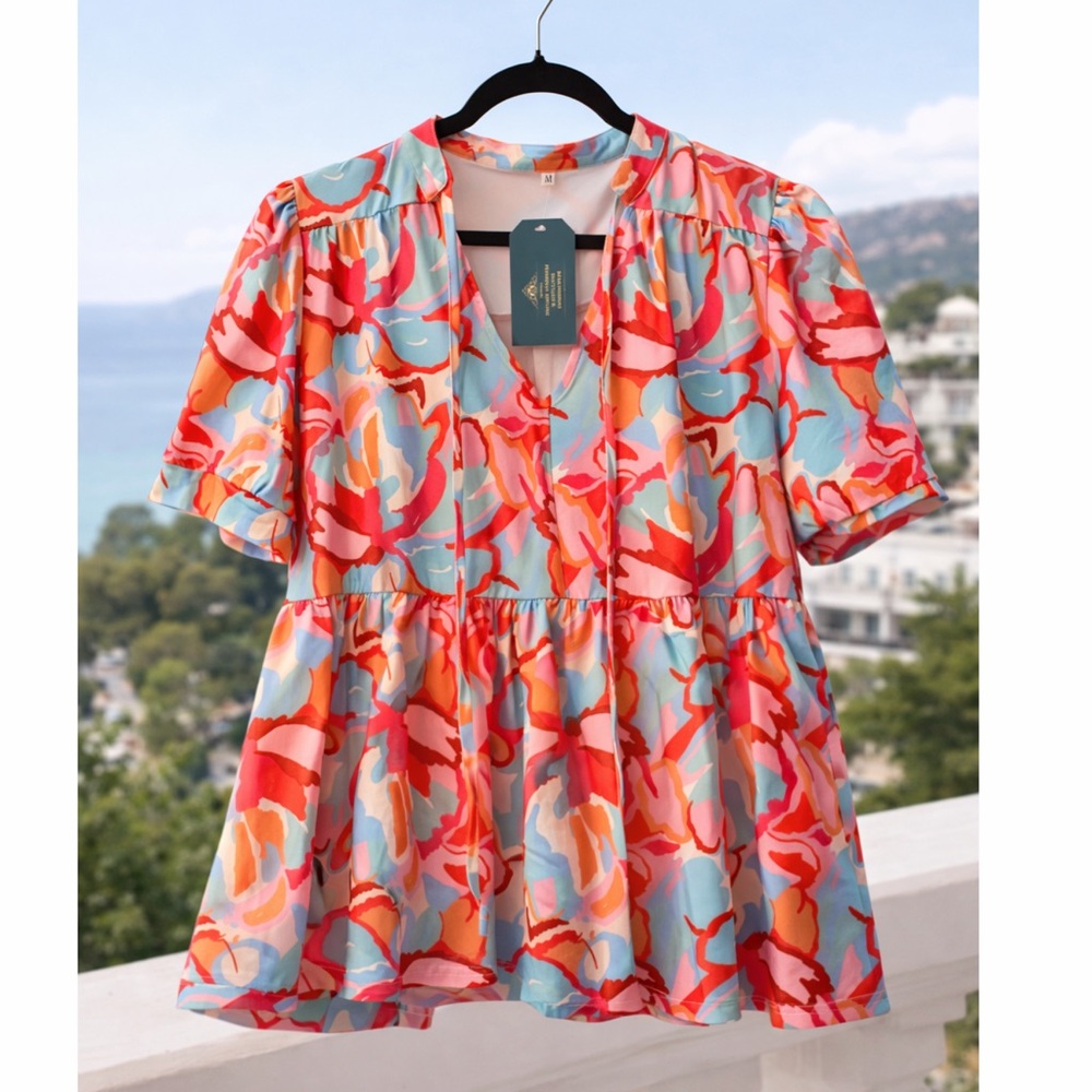 Stretchy Pink and Aqua Floral V Neck with Tassels Summer Top